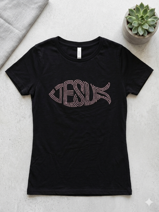 Jesus Fish Pink Rhinestone T-Shirt – Sparkling Faith Bling Tee