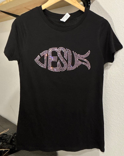 Jesus Fish Pink Rhinestone T-Shirt – Sparkling Faith Bling Tee